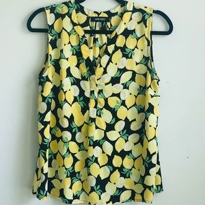 Nine West yellow, black & green sleeveless blouse.